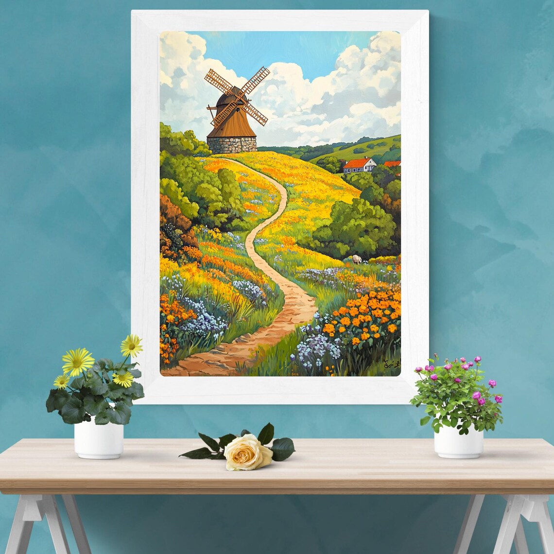 Sunny Windmill Wildflower Meadow Winding Path Landscape Poster - Image 2