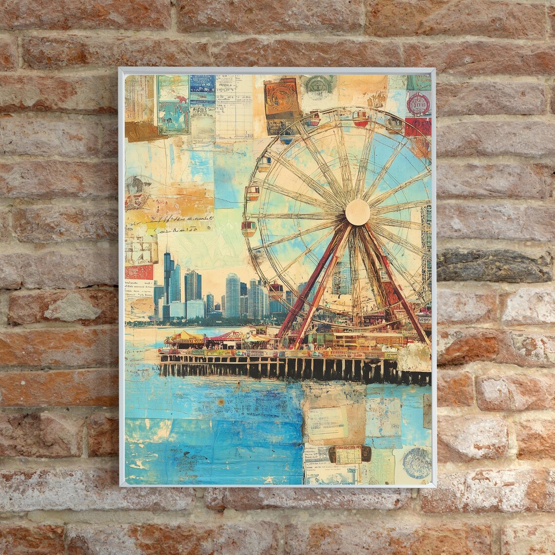 Chicago Navy Pier Ferris Wheel Vintage Collage Lake Michigan Poster - Image 2