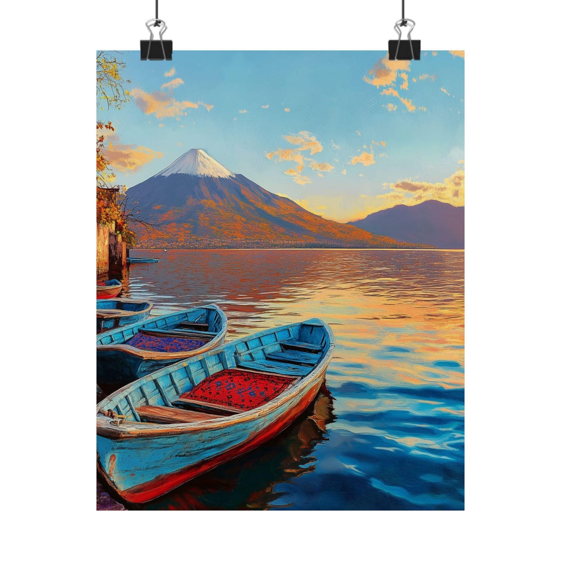 Lake Atitlan Wooden Canoes at Sunset Beneath the Volcano Poster