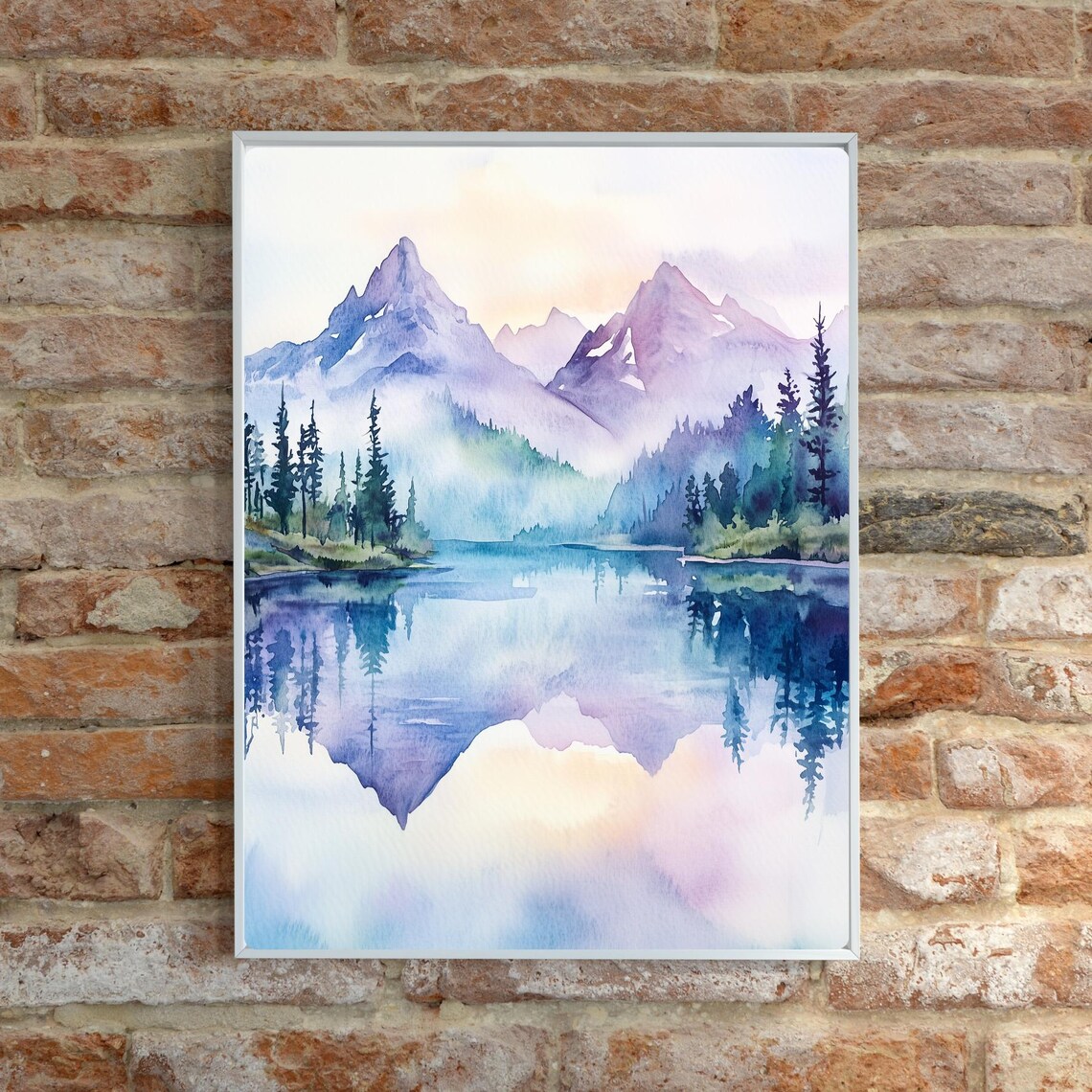 Misty Mountain Lake Reflection Peaks Watercolor Landscape Poster - Image 6