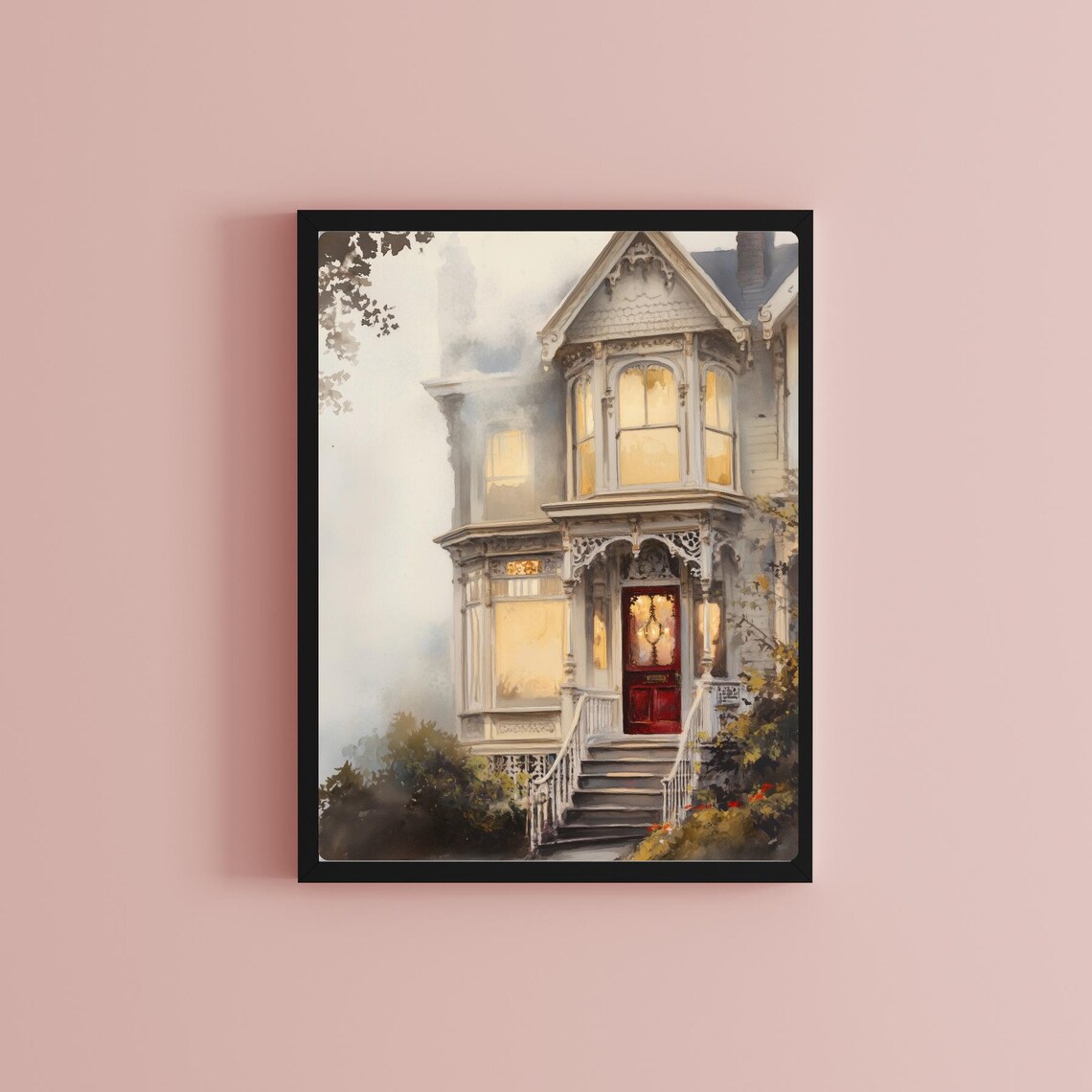 Victorian House in Fog Red Door Glowing Windows Watercolor Poster - Image 2