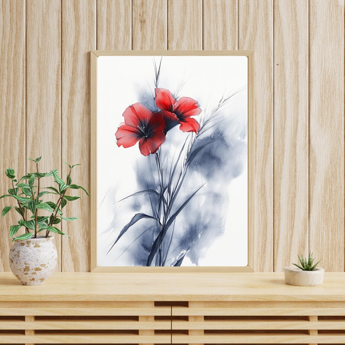Red Blossom Ink Wash Painting in Minimalist Floral Style Print - Image 4