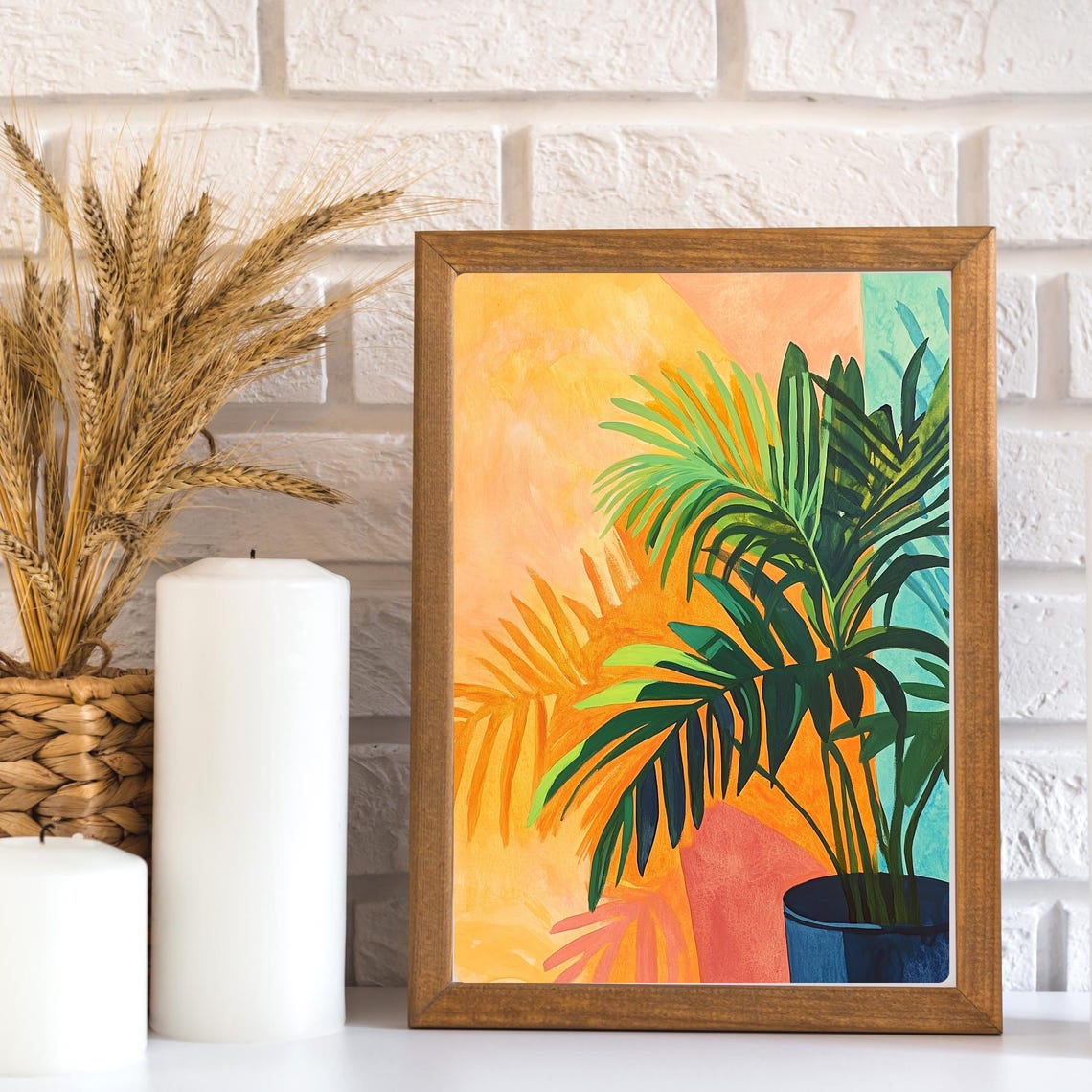 Potted Palm Fronds Casting Shadows on a Bright Orange Wall Poster - Image 2