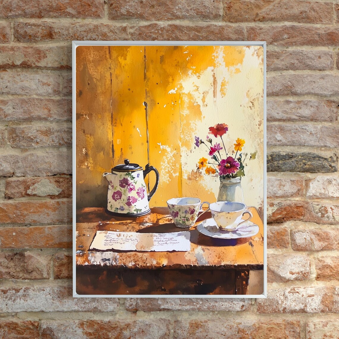 Vintage Floral Teapot and Teacups Still Life on Wood Table Print - Image 6