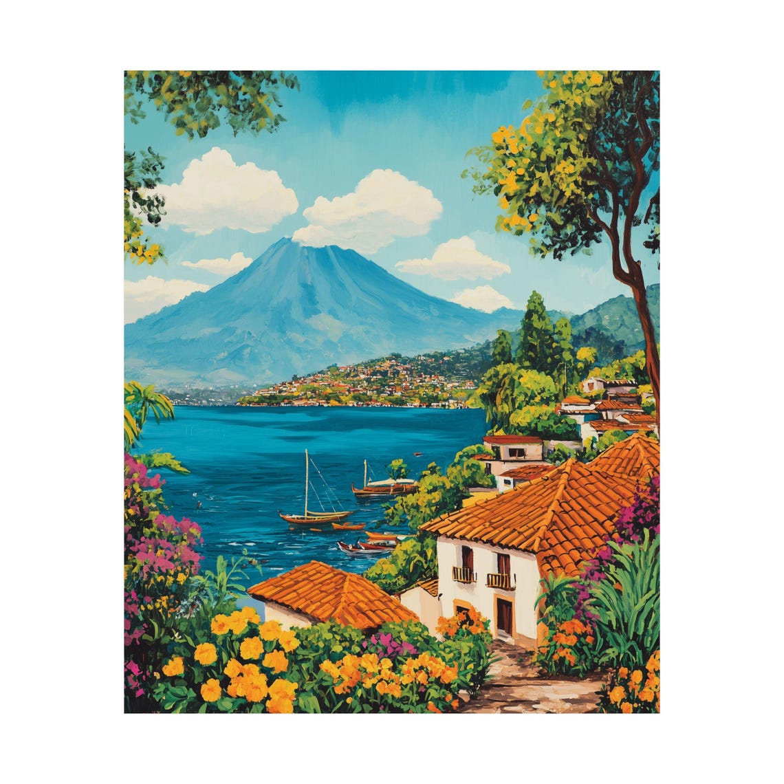 Lake Atitln Gouache Vertical Poster Guatemala Art Print Volcano Landscape Wall Art Mayan Village Decor Lake Atitln Painting - Image 5