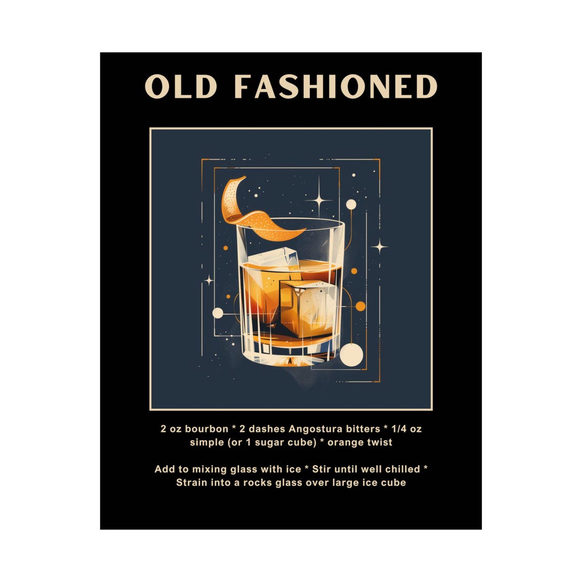 Old Fashioned Cocktail Recipe Poster Whiskey Rocks Glass Decor - Image 4