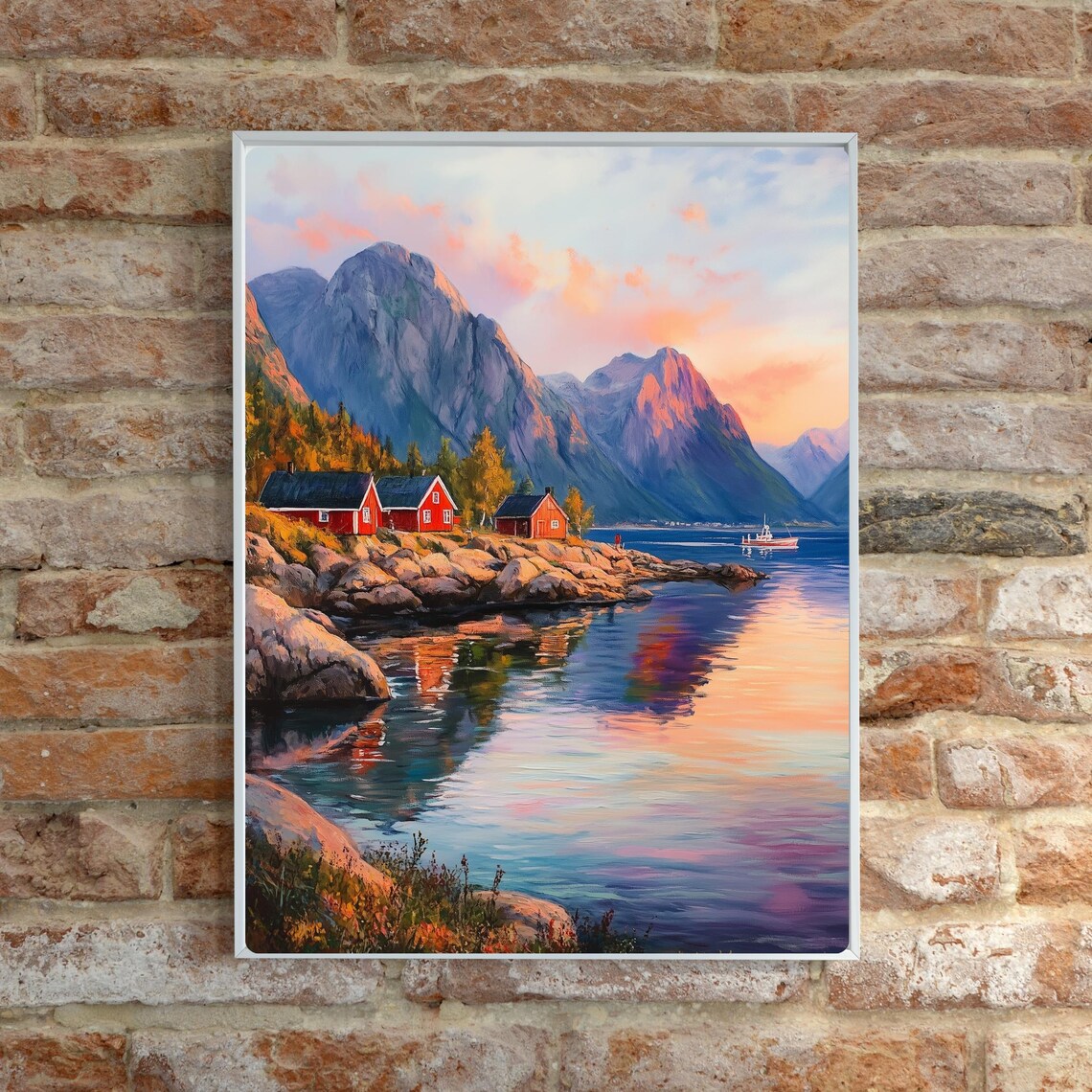 Norwegian Fjord Sunset Red Cabins Rocky Shore Mountain Lake Poster