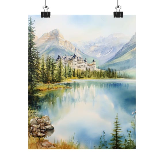 Banff Springs Hotel Art Print Canadian Rockies Wall Art Lake Louise Mountain Landscape Alberta Castle Watercolor Painting