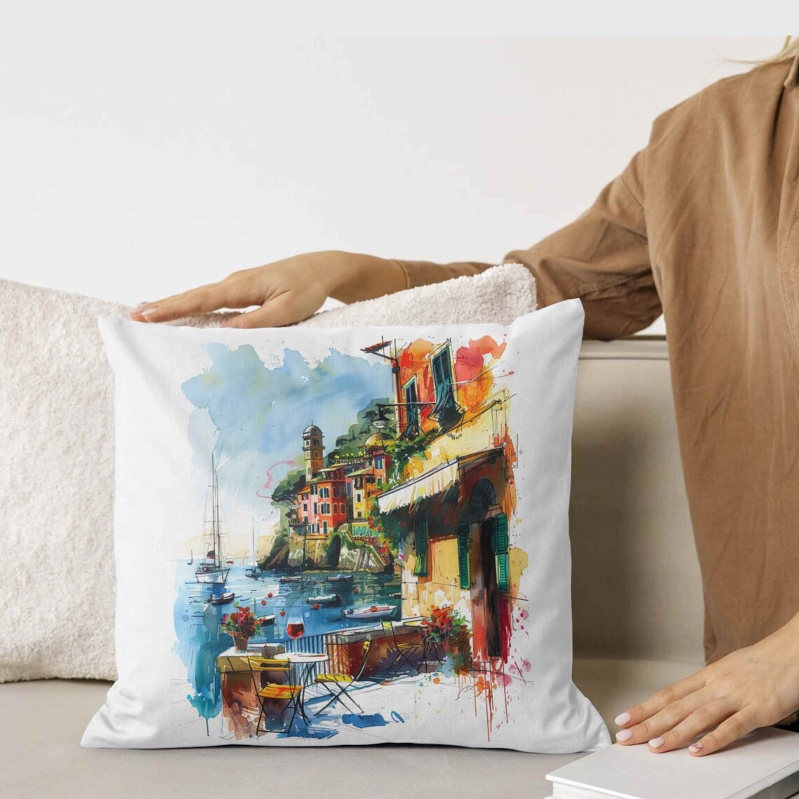 Portofino Harbor Cafe with Colorful Houses Watercolor Poster - Image 4