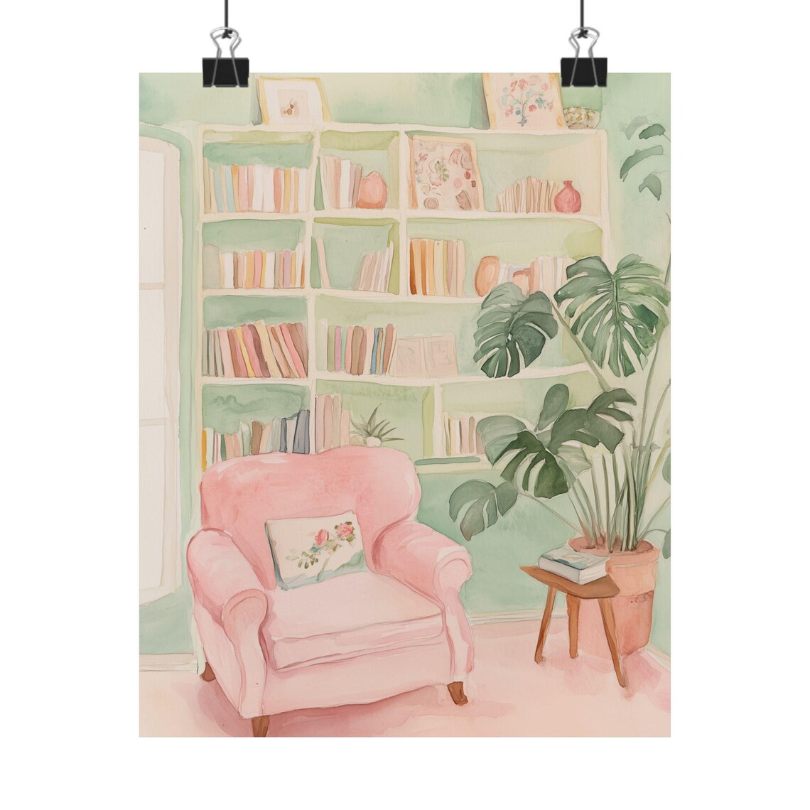 Cozy Pink Reading Nook with Armchair and White Bookshelf Poster