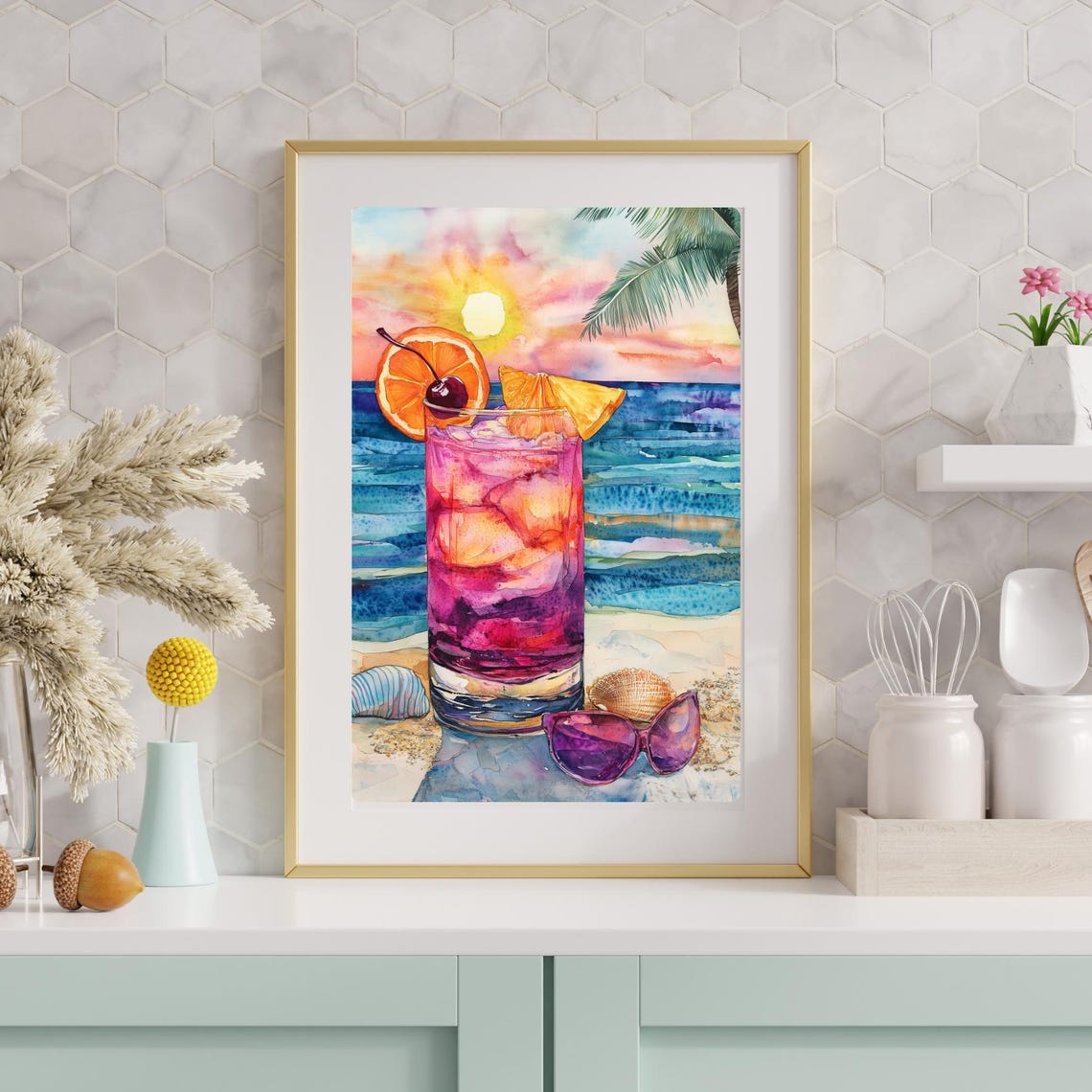 Pink Tropical Cocktail with Orange on a Beach at Sunset Poster - Image 5