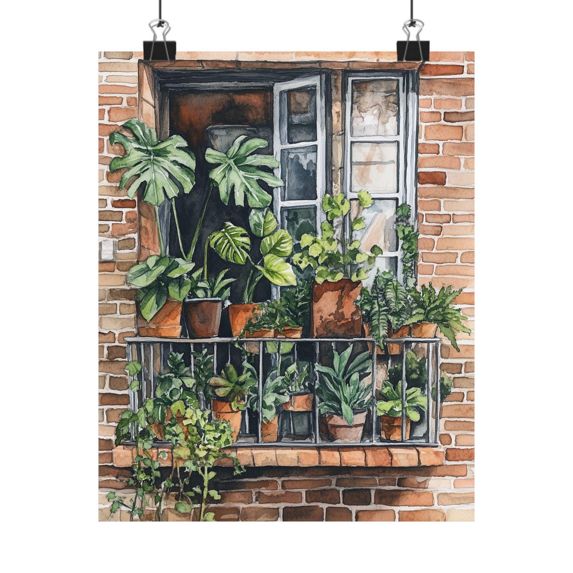 Terracotta Pots Full of Plants on an Open Brick Window Ledge Poster