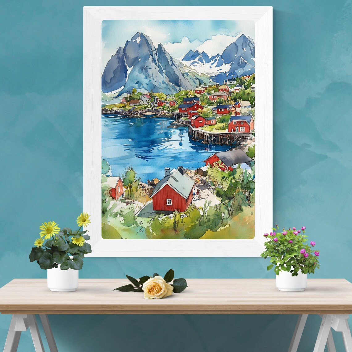 Reine Norway Lofoten Islands Red Cabins Fjord Watercolor Poster - Image 5