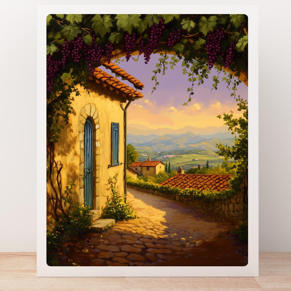 Tuscan Grape Pergola Walkway Above the Village at Sunset Poster - Image 4