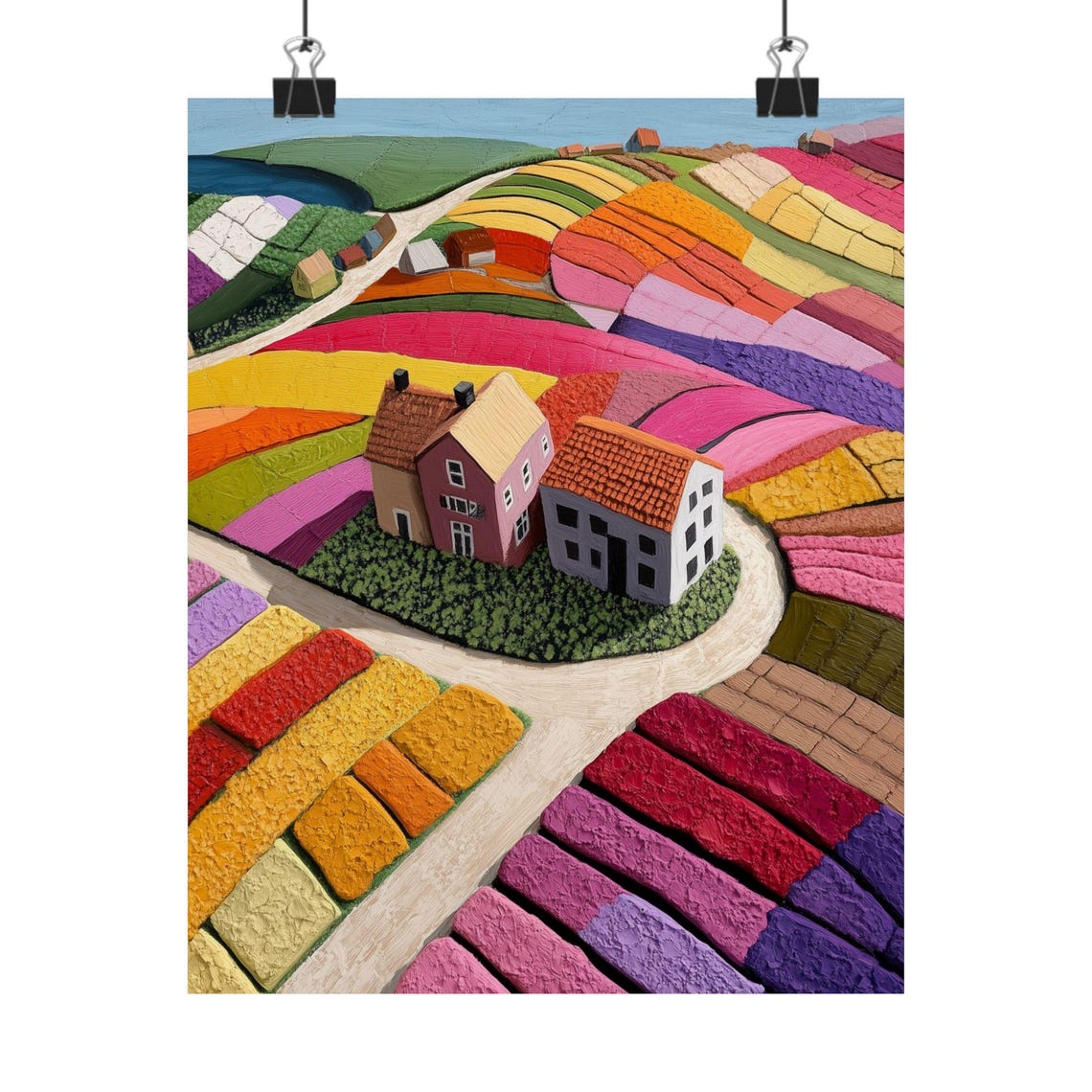 Whimsical Striped Tulip Fields with Farmhouses from Above Poster