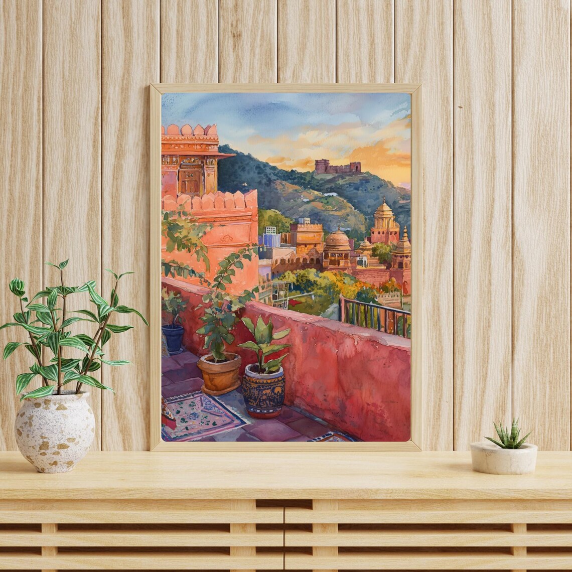 Jaipur Pink City Rooftop Terrace Amber Fort Watercolor Poster - Image 4