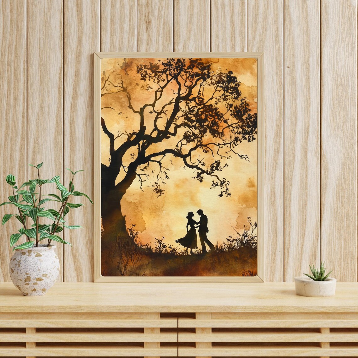 Romantic Couple Silhouette Under Tree Golden Watercolor Poster - Image 3