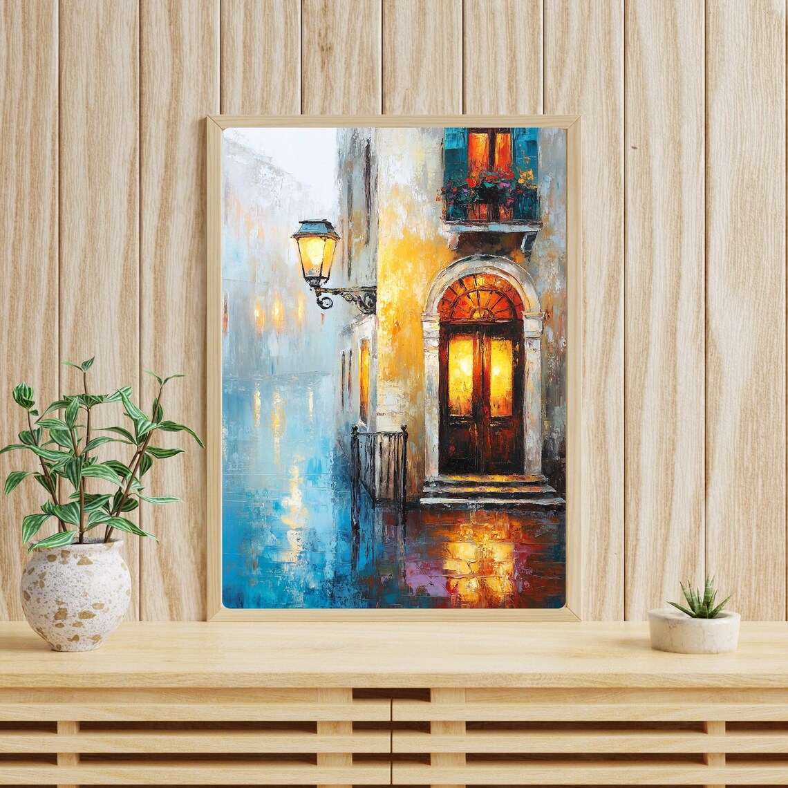 Venice Doorway Night Rain Glowing Lamp Canal Reflection Oil Poster - Image 3