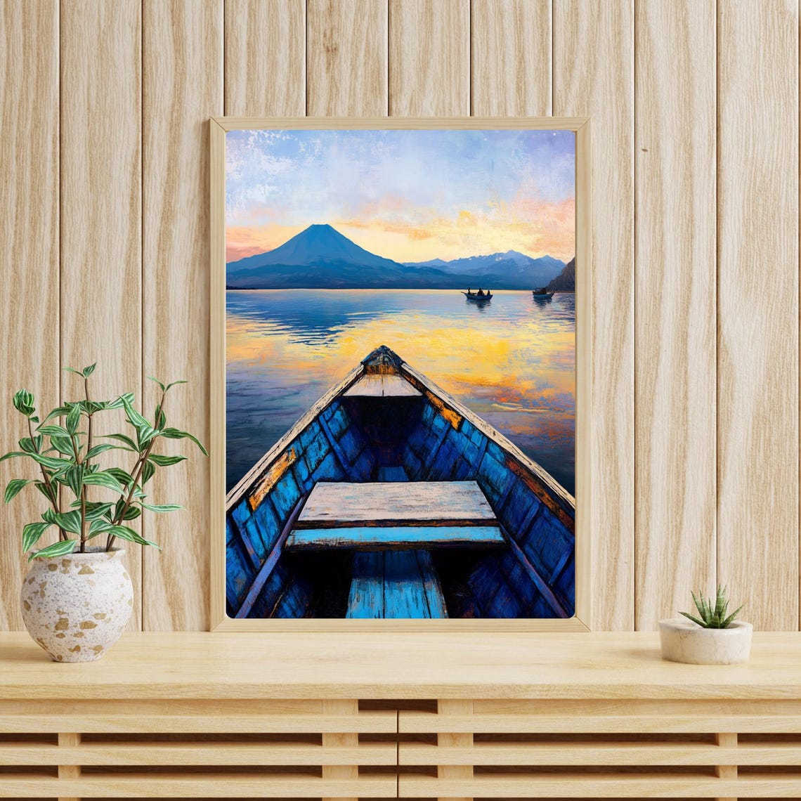Lake Atitlan Sunrise View from a Blue Boat Toward the Volcano Poster - Image 3