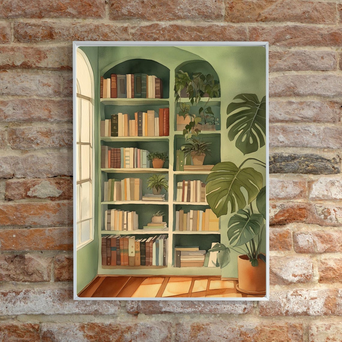 Green Reading Nook Bookcase Library Monstera Plant Watercolor Poster - Image 6