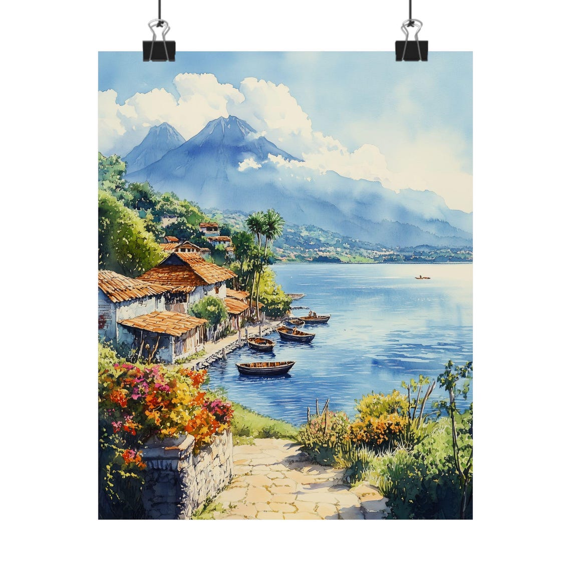Lake Atitlan Watercolor Art Print Guatemala Poster Rainforest Landscape Wall Art Mayan Village Decor Lake Atitln Painting