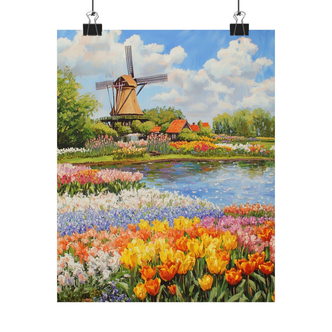 Keukenhof Dutch Windmill Over Tulip Fields by the River Poster