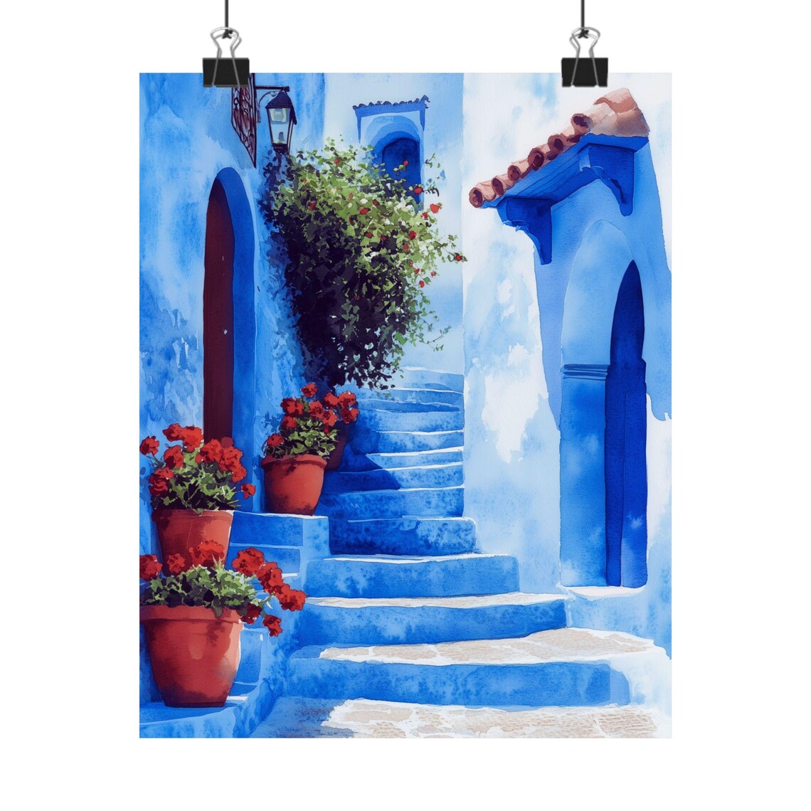 Chefchaouen Blue City Stairs with Red Flowers Watercolor Poster