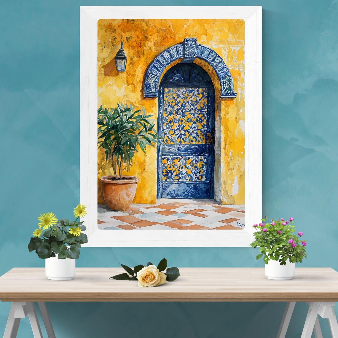 Moroccan Yellow Wall Blue Tile Arch Doorway Lantern Watercolor Poster - Image 2