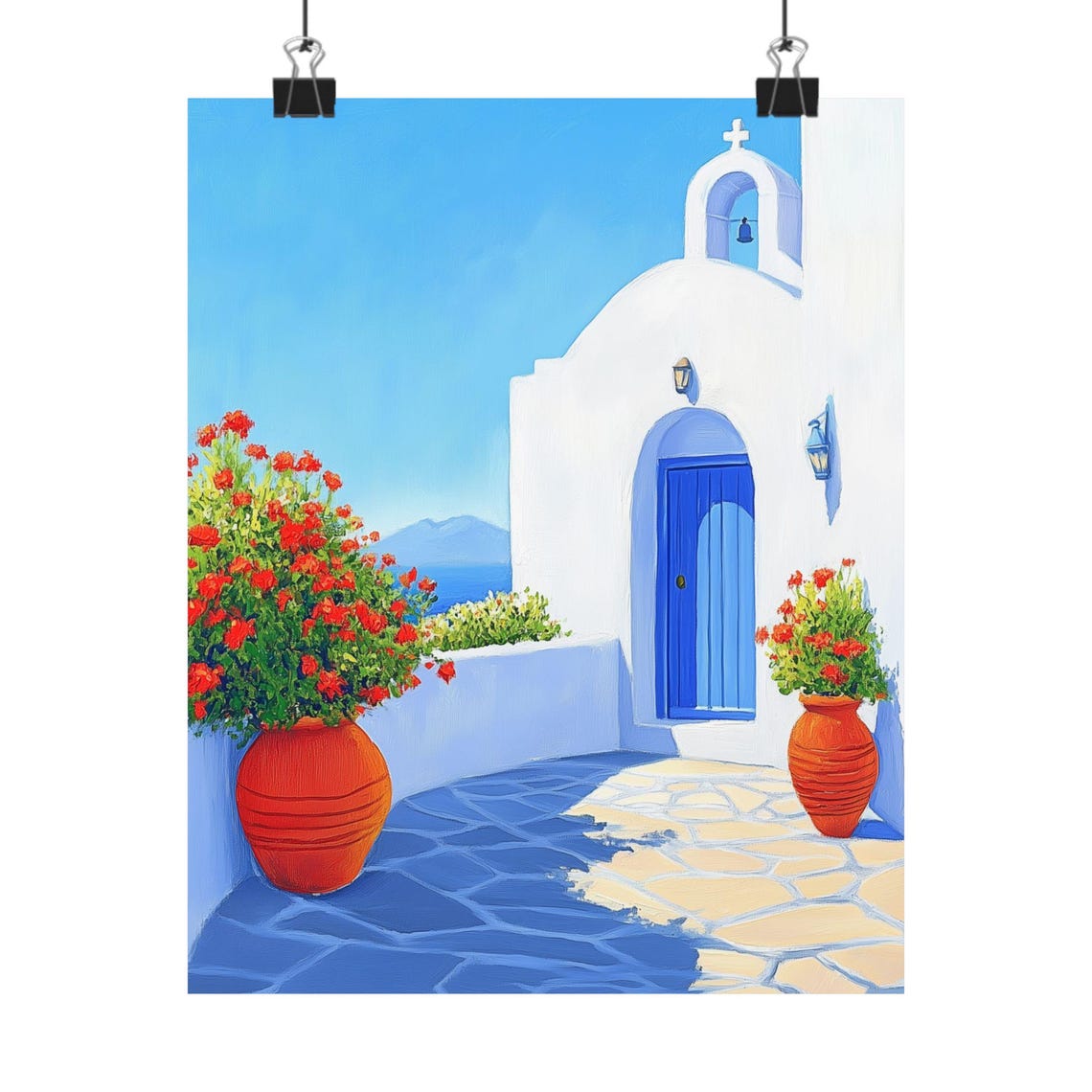Santorini Greece White Church Blue Door Terracotta Geraniums Poster