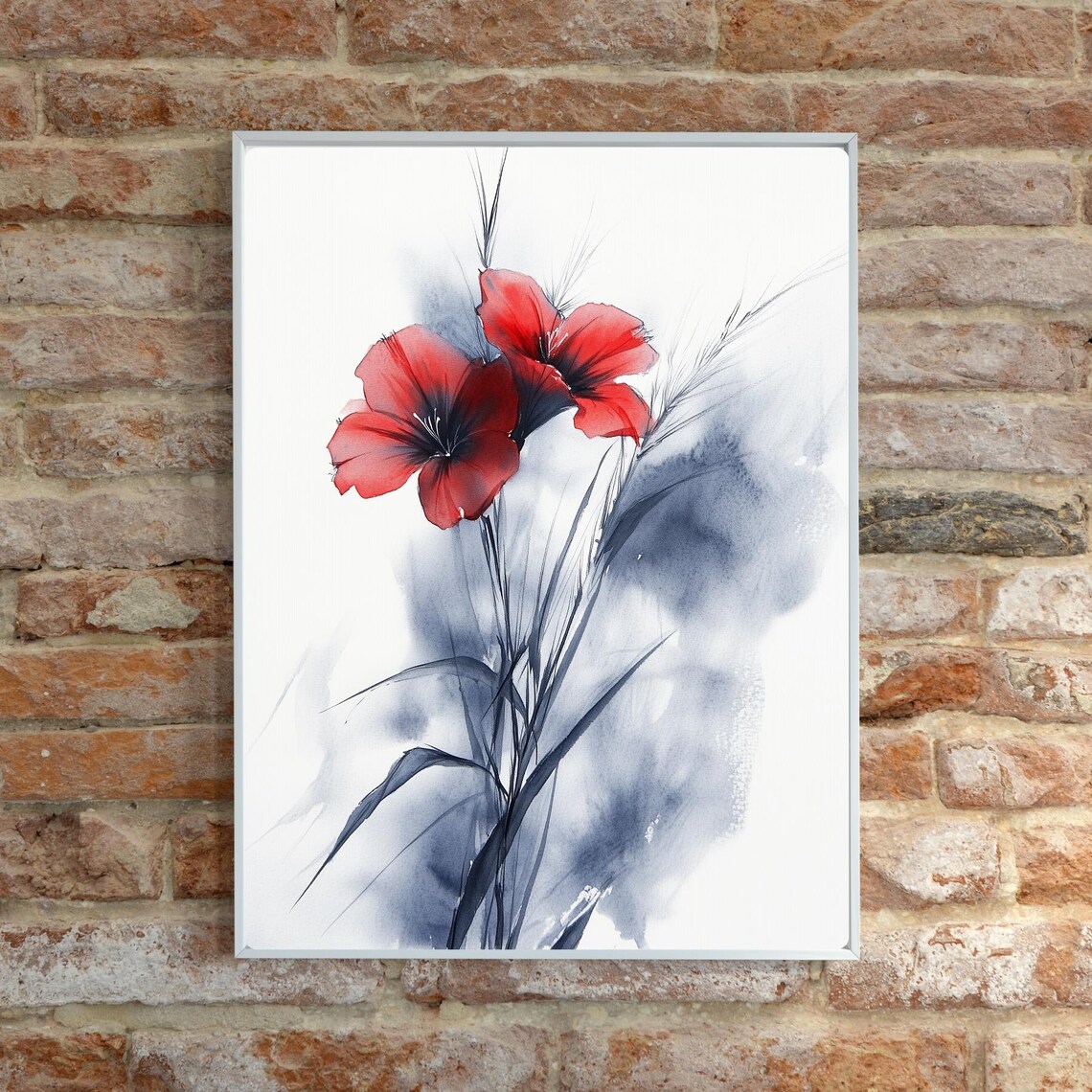 Red Blossom Ink Wash Painting in Minimalist Floral Style Print - Image 5