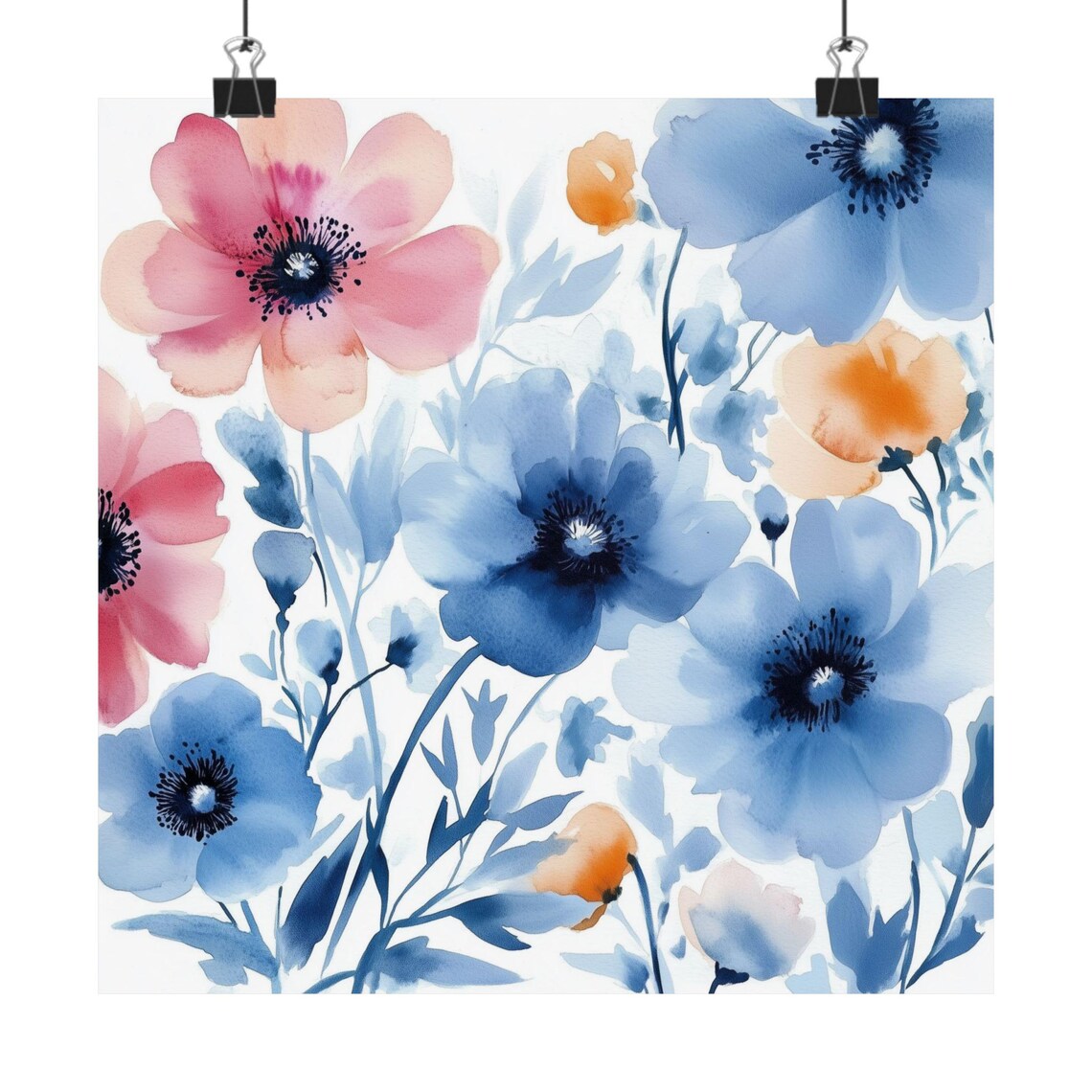 Delicate Blue and Pink Anemone Flowers Watercolor Modern Floral Print
