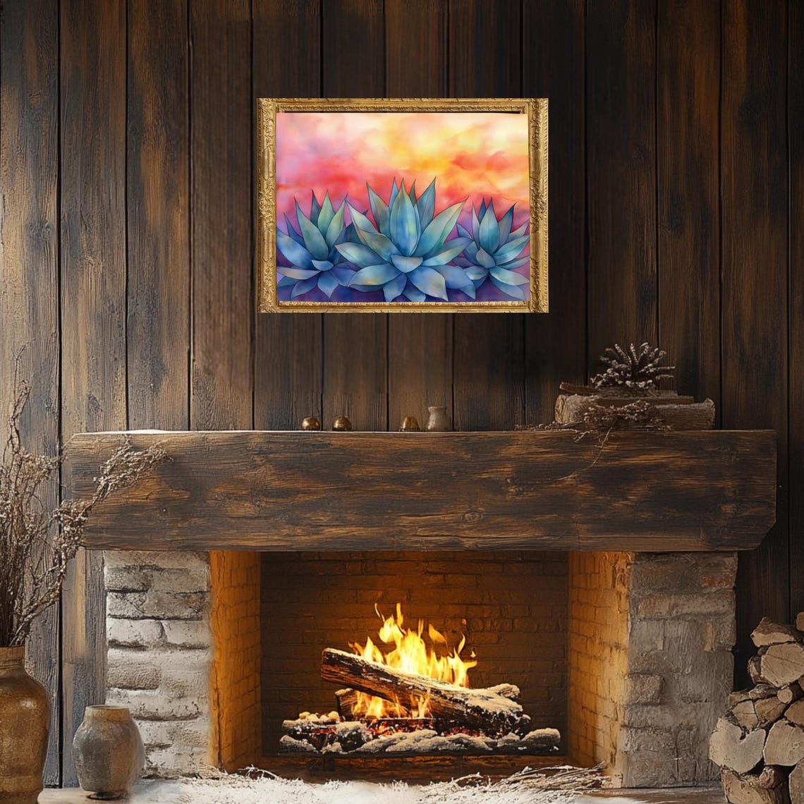 Three Agaves Soft Pink Sunset Watercolor Botanical Desert Poster - Image 5