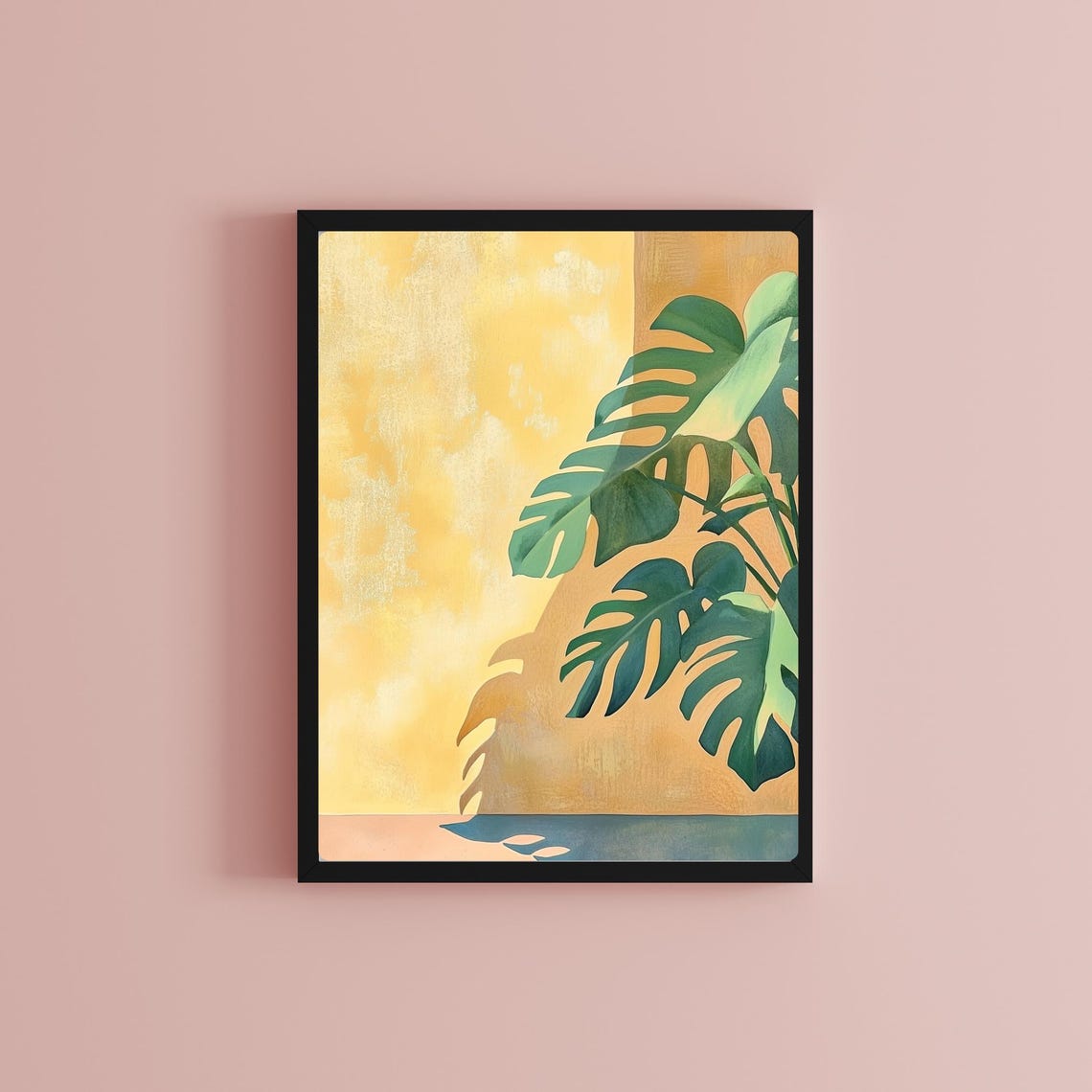 Monstera Leaf Shadows Cast on a Warm Mustard Yellow Wall Poster - Image 2