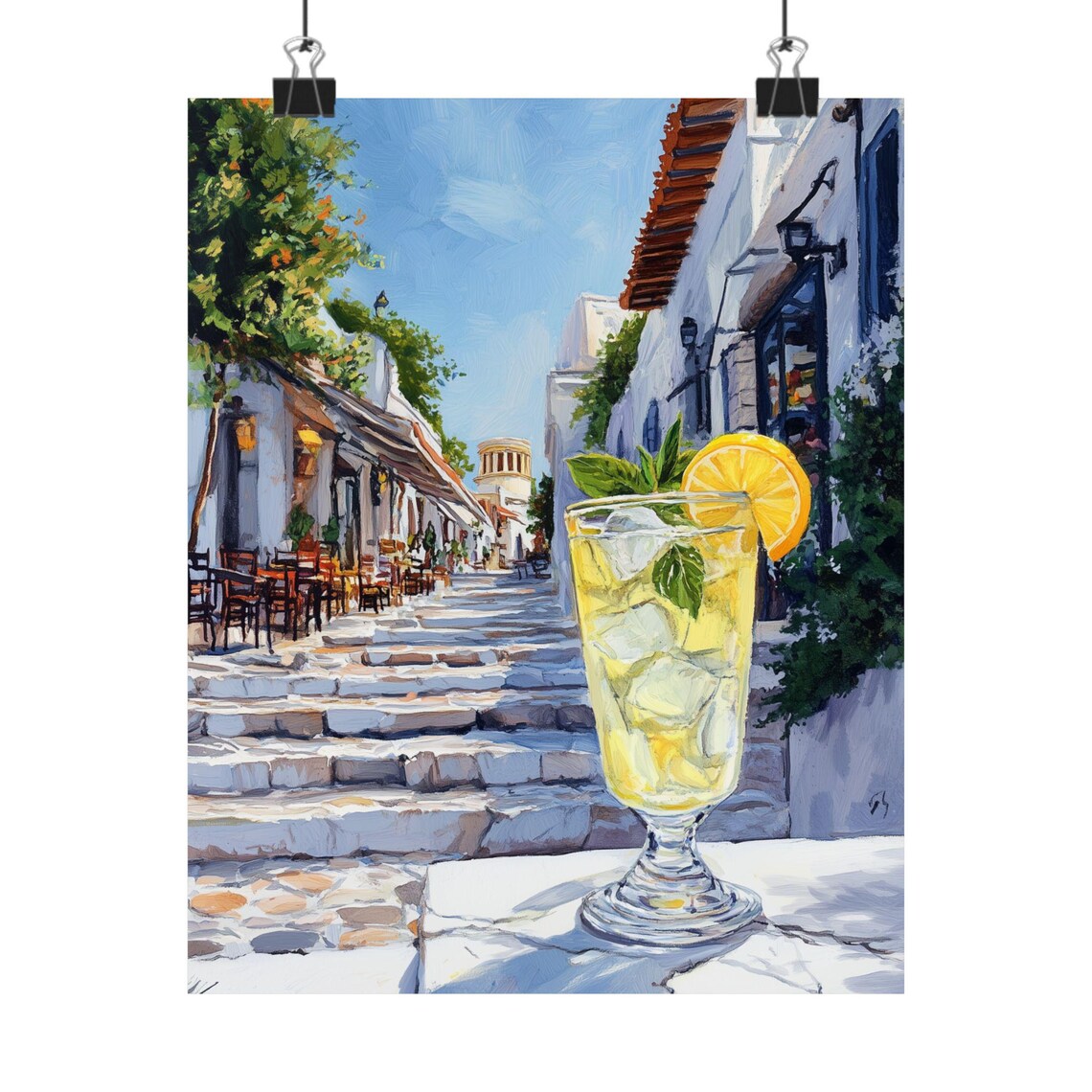 Icy Lemon Cocktail on a Sunlit Whitewashed Greek Street Poster