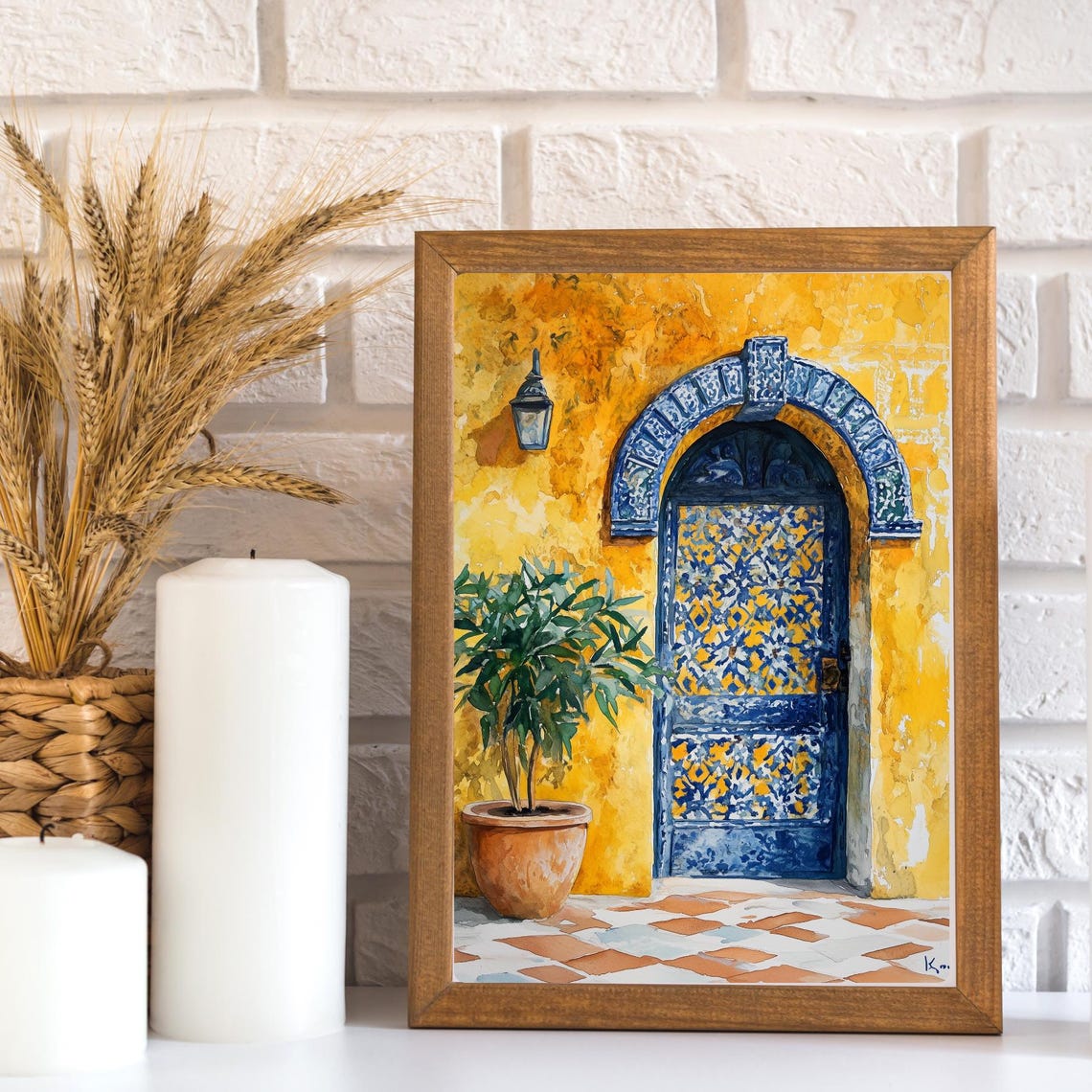 Moroccan Yellow Wall Blue Tile Arch Doorway Lantern Watercolor Poster - Image 3