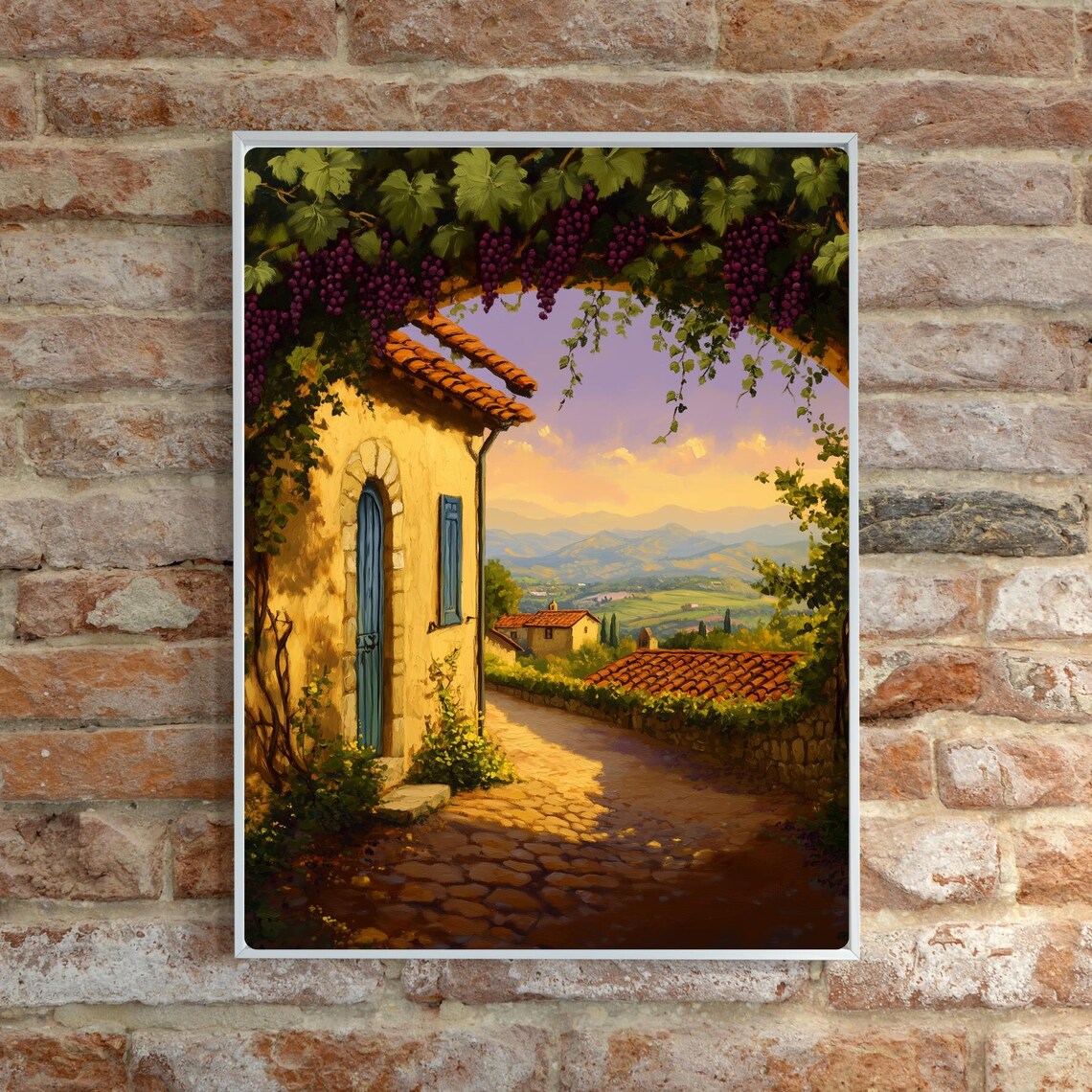 Tuscan Grape Pergola Walkway Above the Village at Sunset Poster - Image 5
