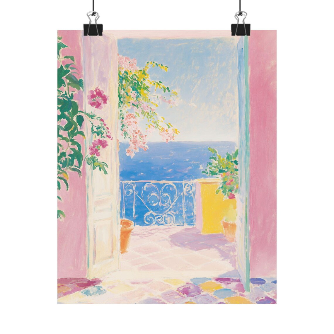 Pink Mediterranean Balcony Overlooking Sea Bougainvillea Poster