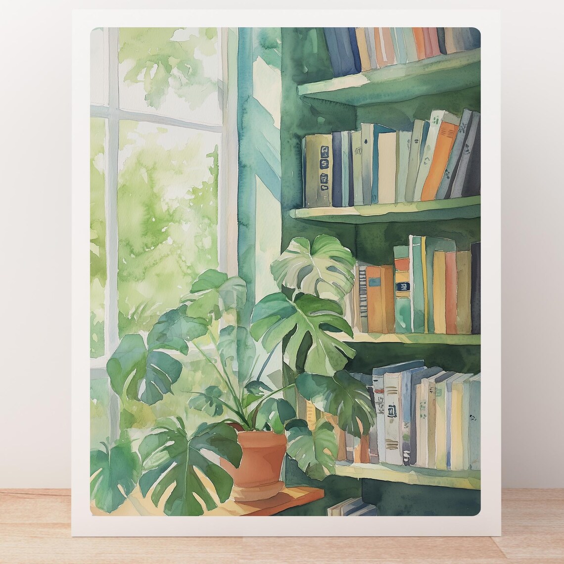 Monstera Plant Window Reading Corner Bookshelf Watercolor Poster - Image 5