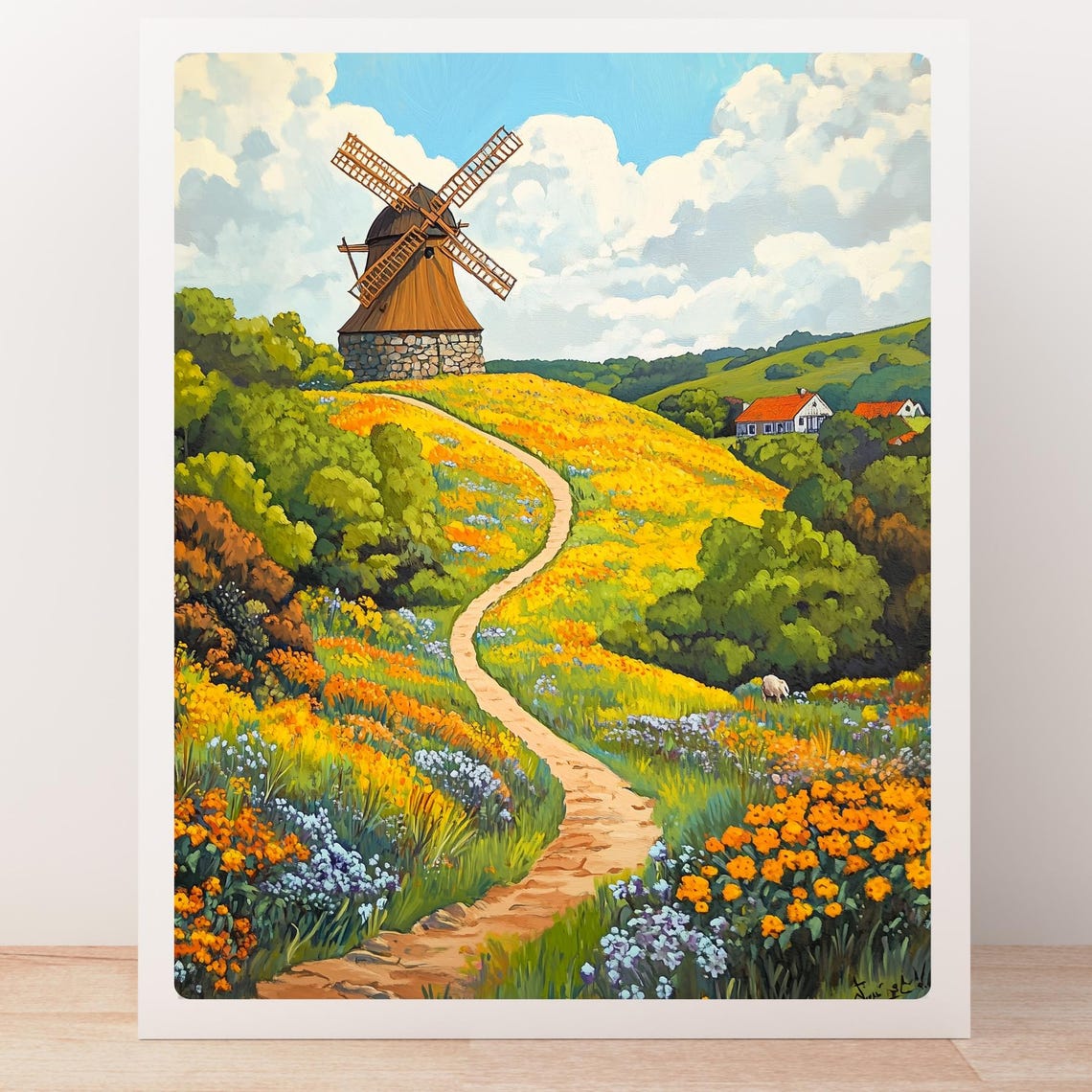 Sunny Windmill Wildflower Meadow Winding Path Landscape Poster - Image 5