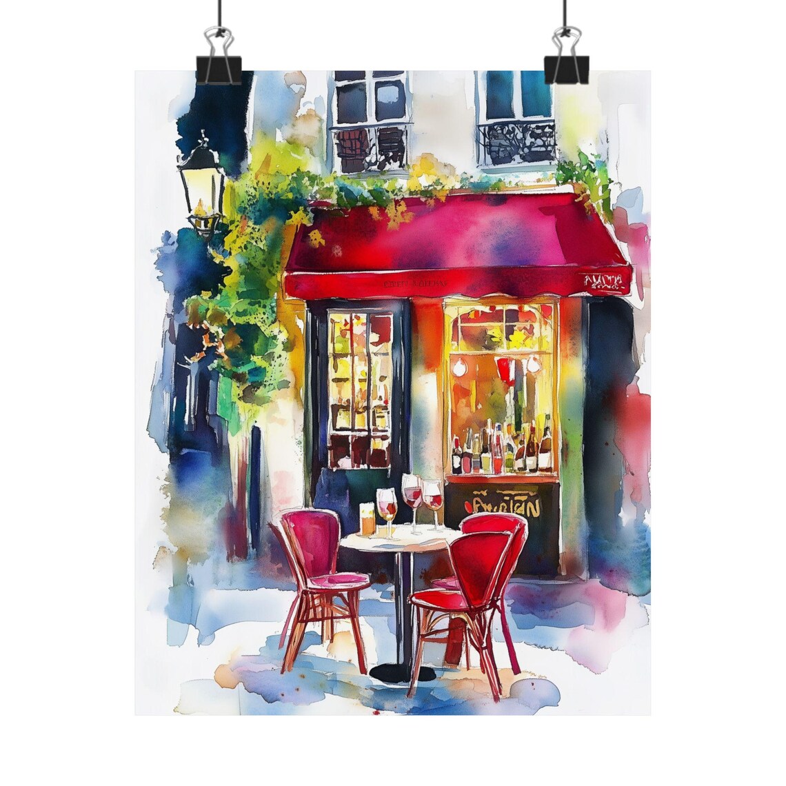 Paris Wine Bar Watercolor Art Print, French Cafe