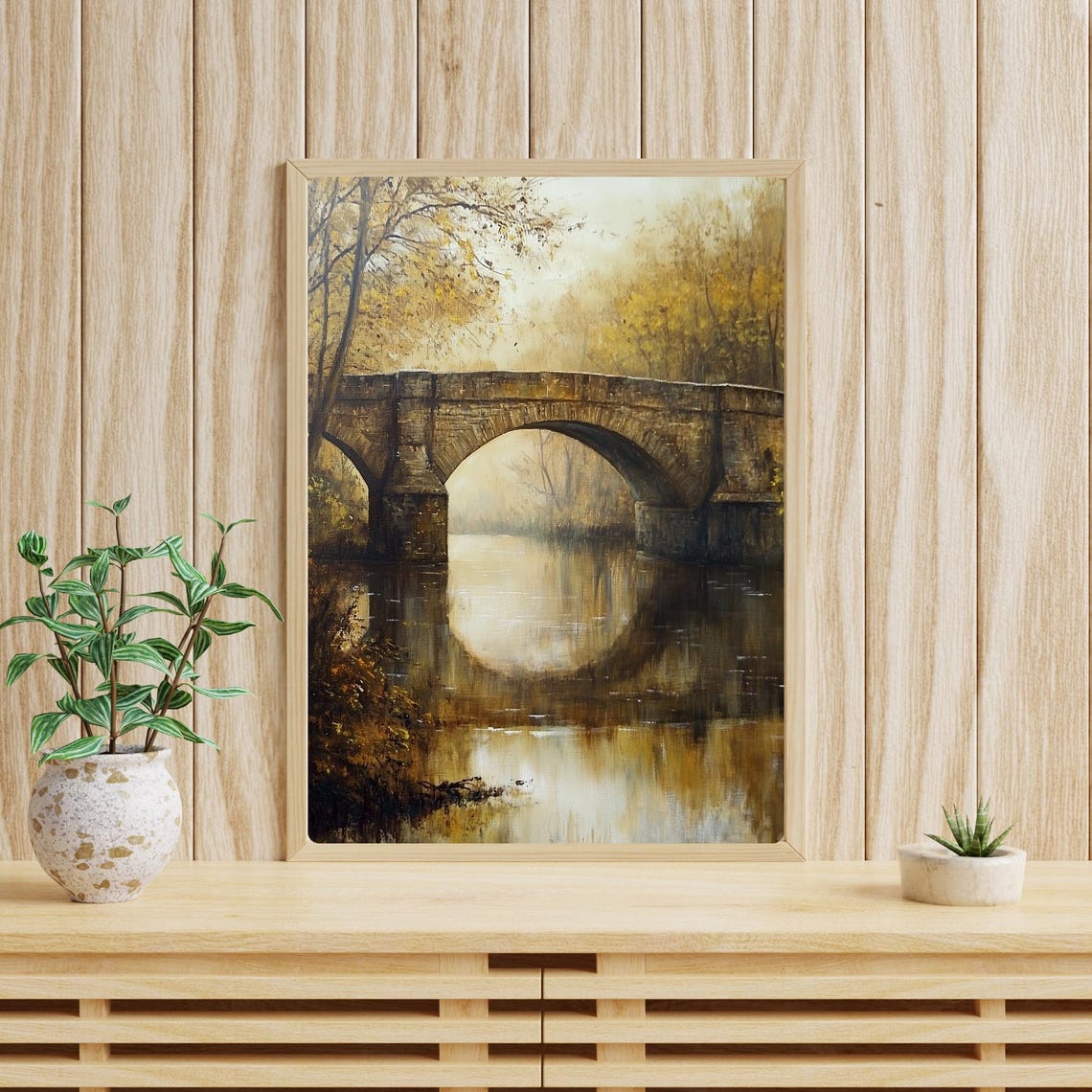 Old Stone Bridge Autumn River Reflection Oil Painting Poster - Image 5