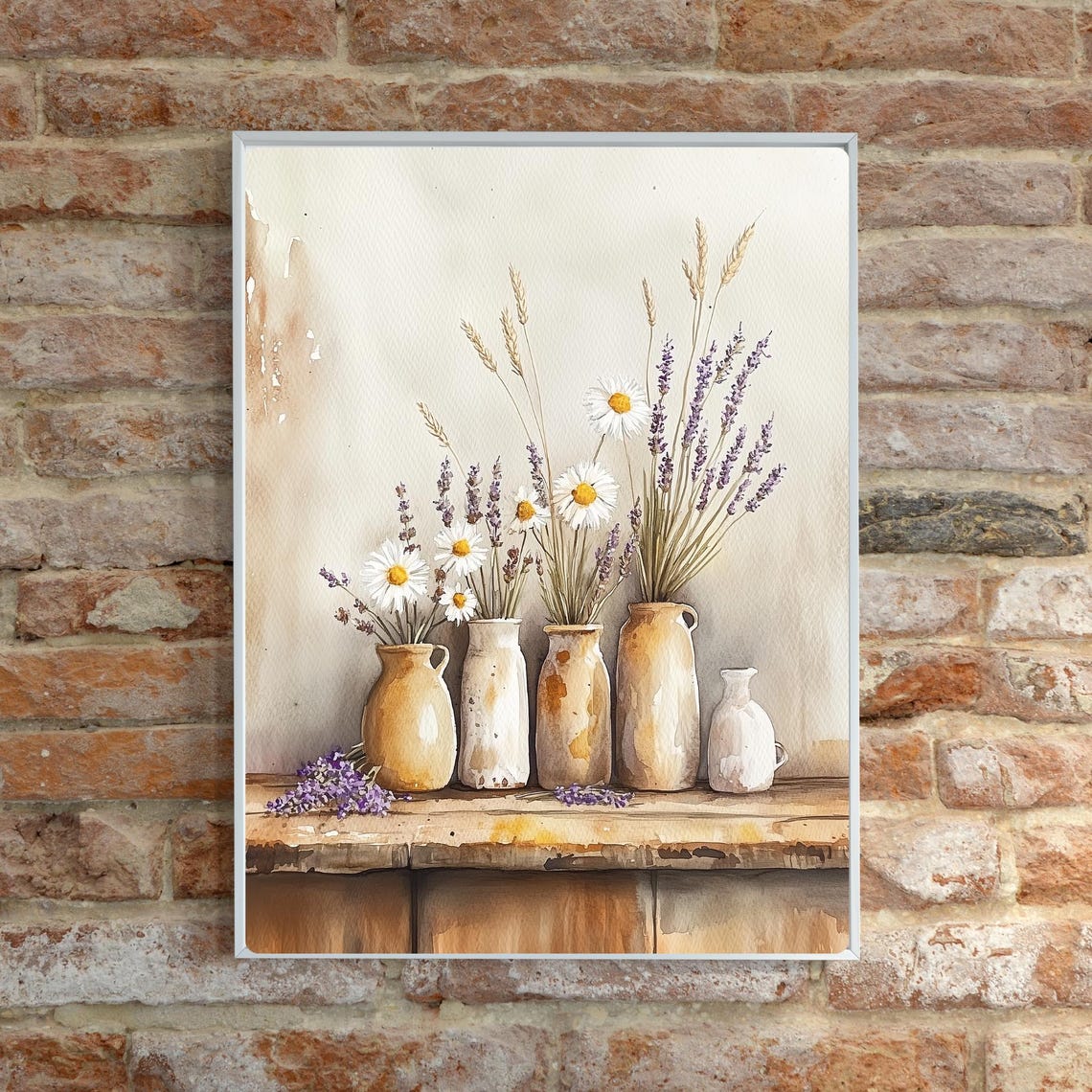 Wildflowers and Lavender in Rustic Pottery Vases Farmhouse Print - Image 2