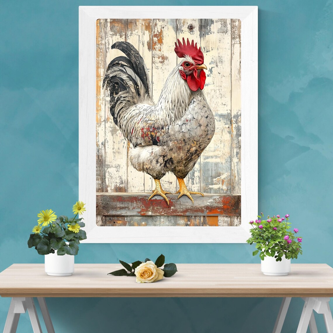 Rustic White Rooster Portrait on Distressed Barn Wood Poster - Image 2
