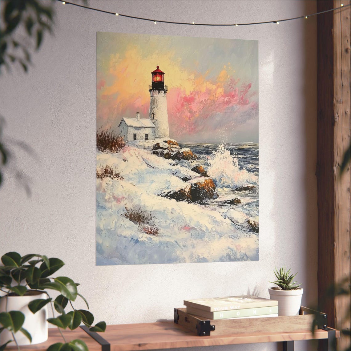 Winter Lighthouse Art New England Coastal Painting Snowy Scene Print Ocean Waves Wall Decor Coastal Lighthouse Art Matte Print - Image 6