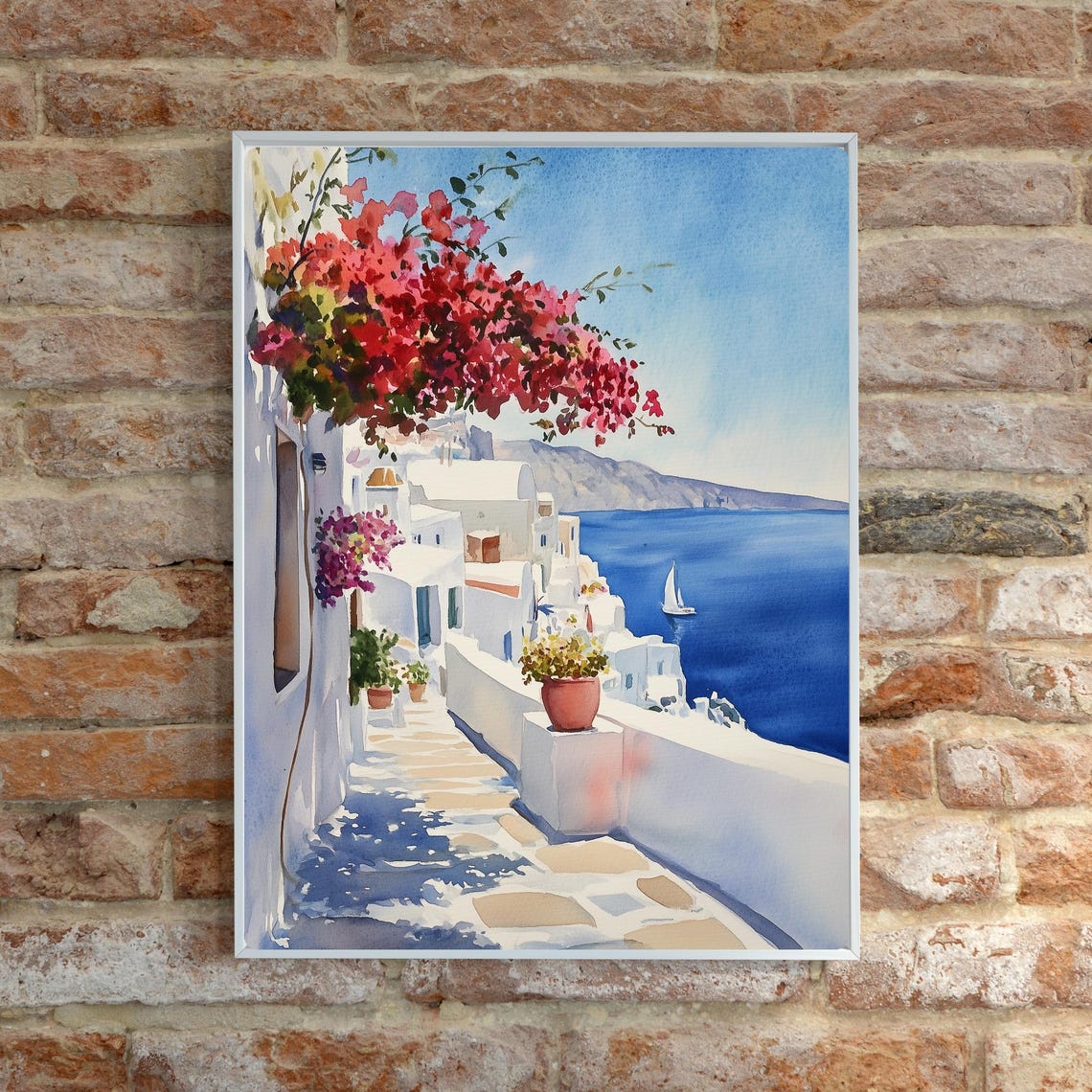Greek Island Bougainvillea Walkway Aegean Sea Sailboat Poster - Image 6