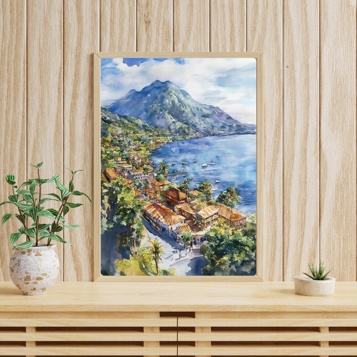 Lake Atitlan Guatemala Aerial Lakeside Town Volcano Watercolor Poster - Image 4