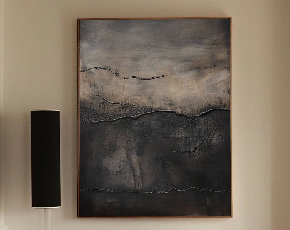 Charcoal Black Brown Textured Abstract Painting Moody Minimal Wall Art