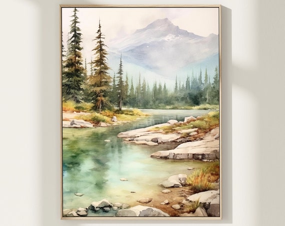 Mountain River Painting Misty Forest Landscape Wall Art Pine Tree Watercolor Painting Light Blue Green Beige Art Print Mountain Poster
