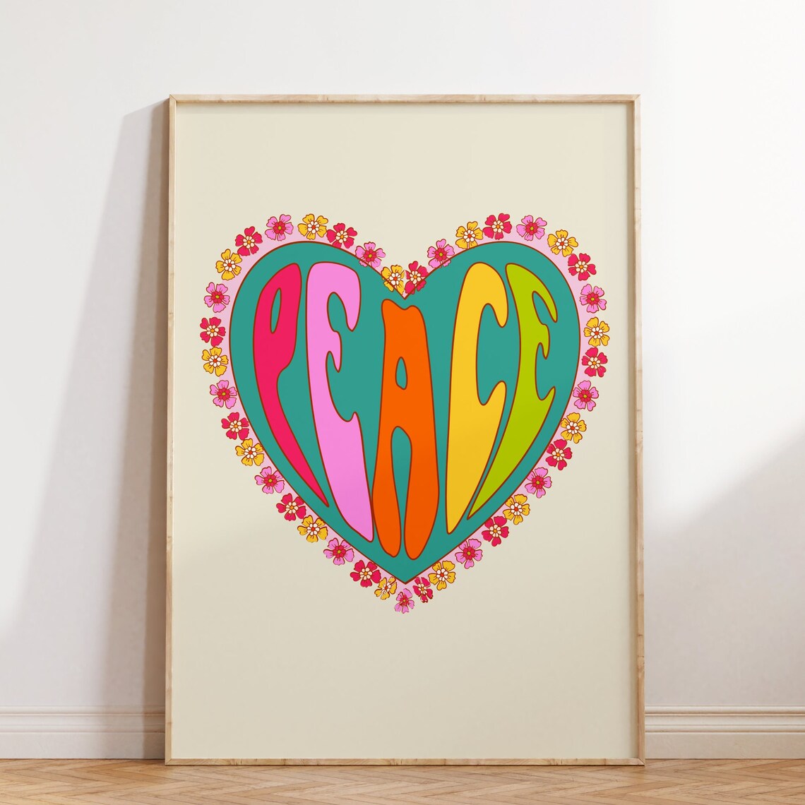 Peace Heart Retro Groovy Poster Colorful Floral Hippie Wall Decor