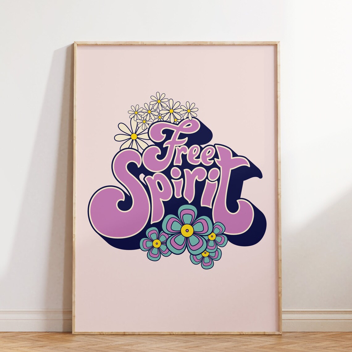 Free Spirit Bold Groovy Purple Lettering Daisy Hippie Art Poster
